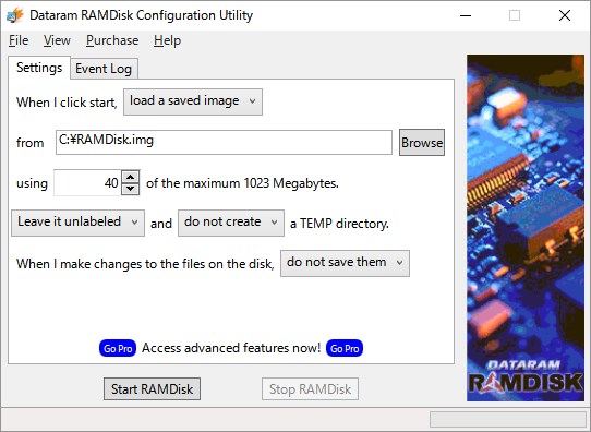 Dataram RAMDisk - Settings