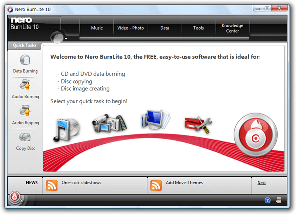 Nero BurnLite 10 - メイン画面