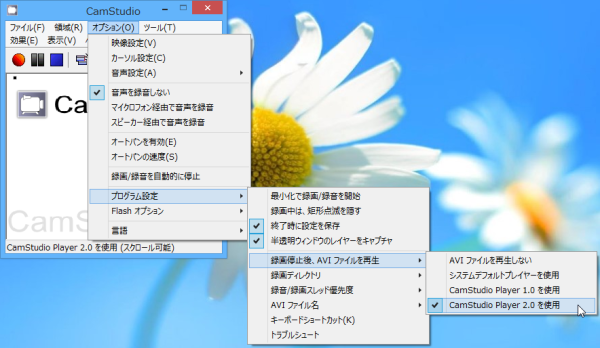 「オプション」⇒「プログラム設定」⇒「録画停止後、AVI ファイルを再生」⇒「CamStudio Player 2.0 を使用」