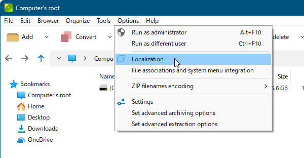 メニューバーから「Options」⇒「Localization」