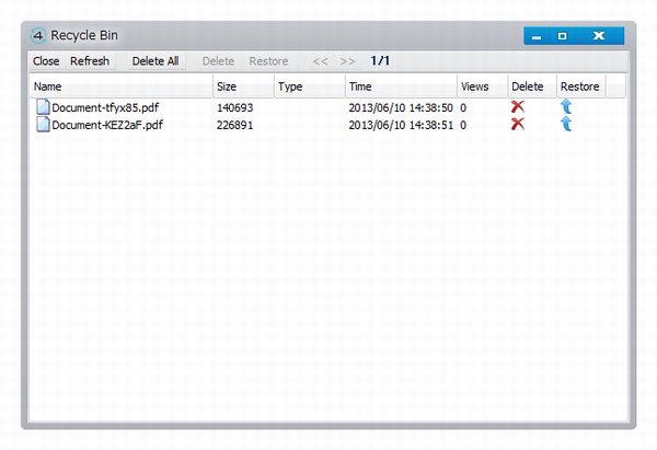 「Recycle Bin」（ごみ箱）ウィンドウ