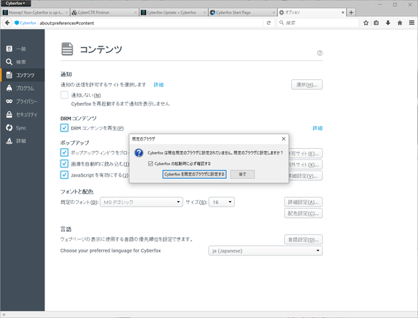 Cyberfox を再起動すると日本語化される