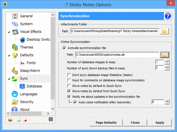 「7 Sticky Notes Options」ダイアログボックス - 同期の設定