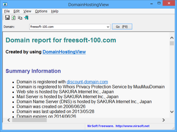 ドメイン情報の表示（freesoft-100.com）