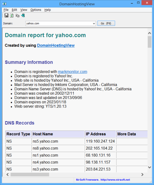 ドメイン情報の表示（yahoo.com）