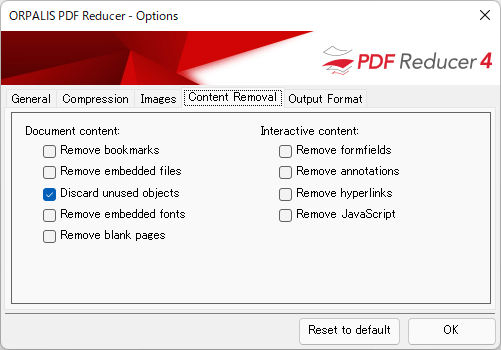 Option - Content Removal（コンテンツの除去）タブ