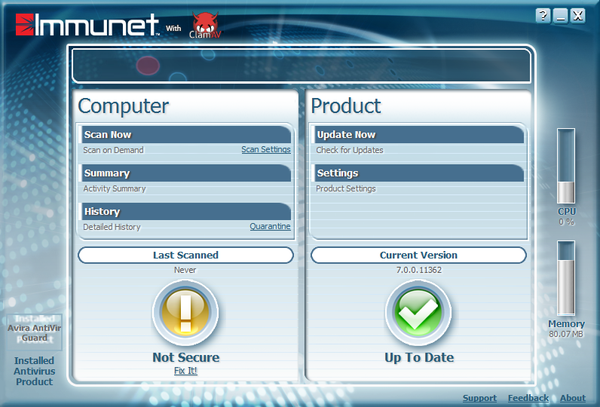 Immunet FREE Antivirus - メイン画面