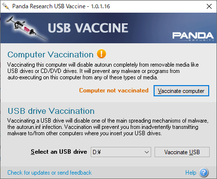 メイン画面上部がコンピューターワクチン、下部がUSBドライブワクチン