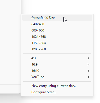 Sizer のメニューに「freesoft100 Size」が追加された