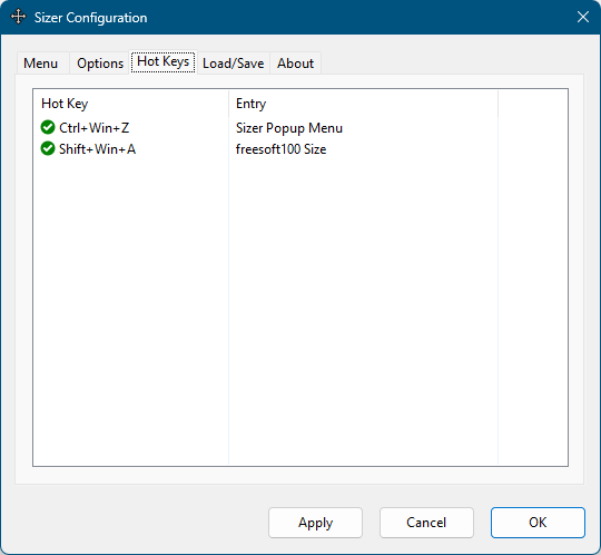 Sizer Configuration - 「Hot Keys」タブ