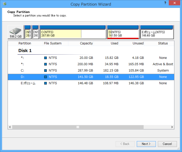 「パーティションのコピー」ウィザード - コピーするパーティションの選択