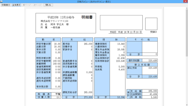 給与明細書 - 印刷プレビュー