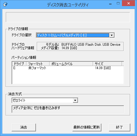 消去されたデバイスは未フォーマットの表示に