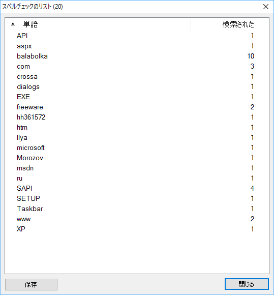 スペルチェックのリスト