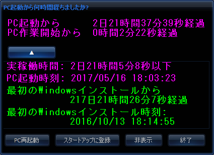 実稼働時間、最初の Windows インストールからの起動時間などの表示