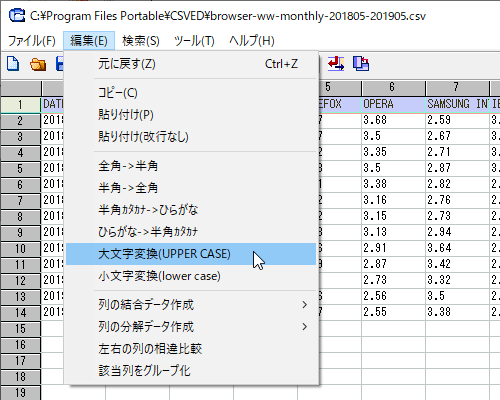 「編集」⇒「大文字変換」