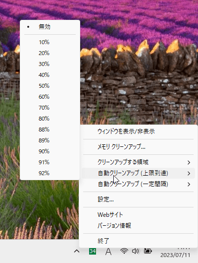 タスクトレイアイコンの右クリックメニュー「自動クリーンアップ（上限到達）」