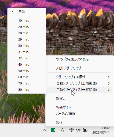 タスクトレイアイコンの右クリックメニュー「自動クリーンアップ（一定間隔）」