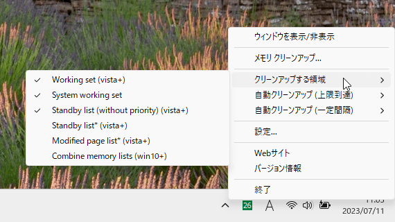 タスクトレイアイコンの右クリックメニュー「クリーンアップする領域」