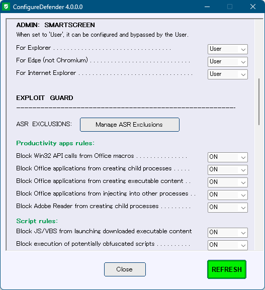 ADMIN:SMARTSCREEN、EXPLOIT GUARD 項目