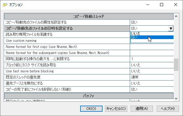 オプション - コピー/移動スレッドの項目