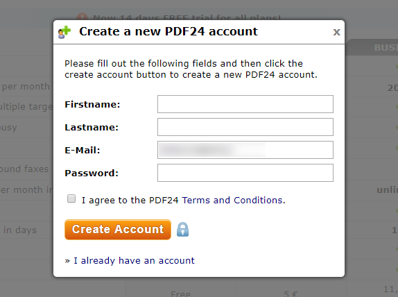 Create a new PDF24 account ウインドウ