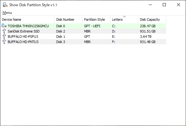 Show Disk Partition Style - メイン画面