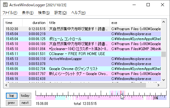 タイムラインにマウスカーソルを乗せてその時間帯のログを表示