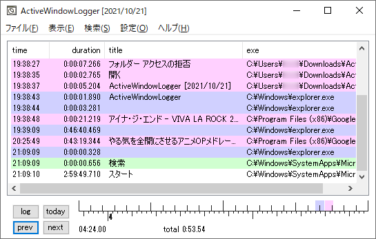 「prev」ボタンをクリックして前日（前回）の記録を表示