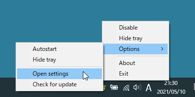 タスクトレイアイコンの右クリックメニュー「Options」⇒「Open settings」