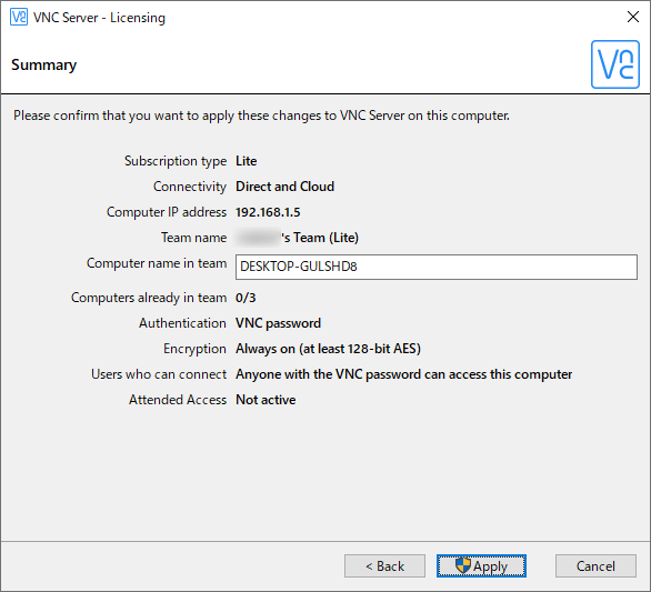 VNC 用のコンピューター名の設定