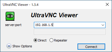 操作する側にて UltraVNC Viewer にIPアドレスを入力