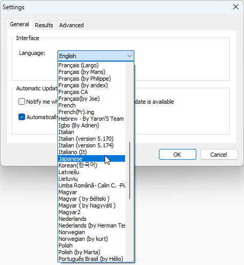 Settings 画面から「Japanese」をクリックして日本語化