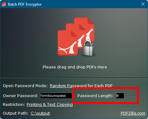 「Randome Password for Each PDF」選択時に Password Length が表示される