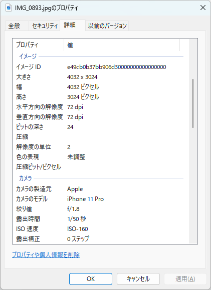 Exif 情報削除前のプロパティ画面（詳細タブ）