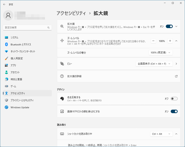 Windows 11 の拡大鏡の設定画面