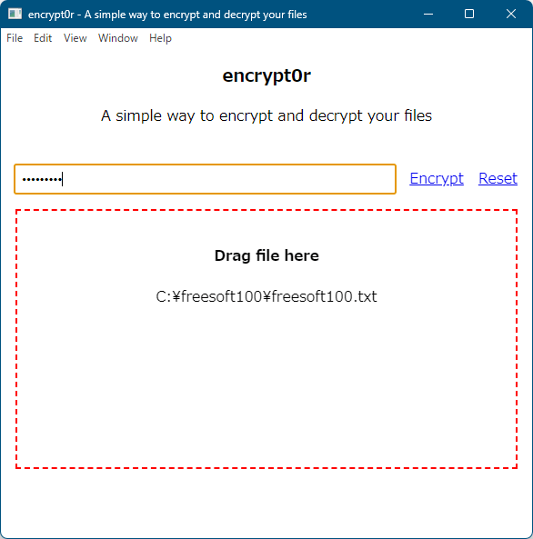 暗号化したいファイルをドラッグ＆ドロップしてキーワードを入力