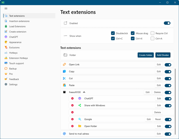 「Text extensions」画面 - フォルダーや仕切りを追加し、順番を変更