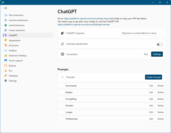 設定画面 - 「ChatGPT」画面