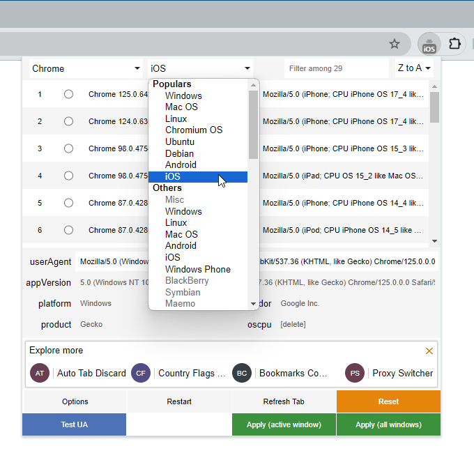 User-Agent Switcher and Manager